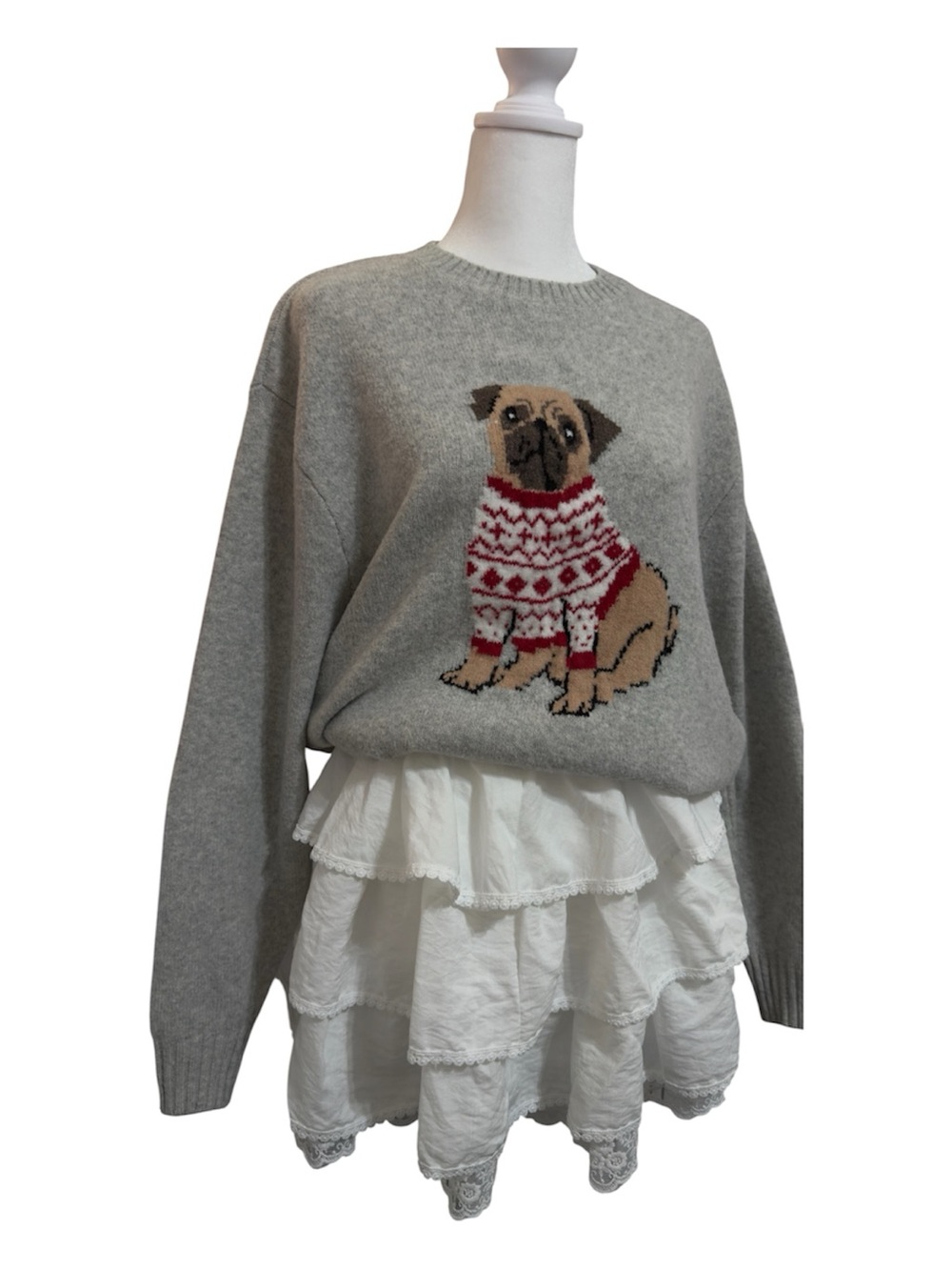 Hollister Gray Crewneck Sweater Pug Winter Top Cute Puppy Dog Winter Fall Outfit